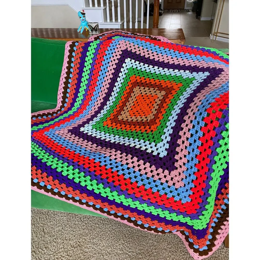 vintage 70s RAINBOW Cut Out AFGHAN colorful squares blanket groovy home decor